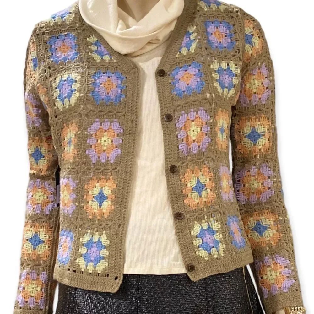 Colorful Floral Lightweight Button Down Cropped Crochet Cardigan NEW